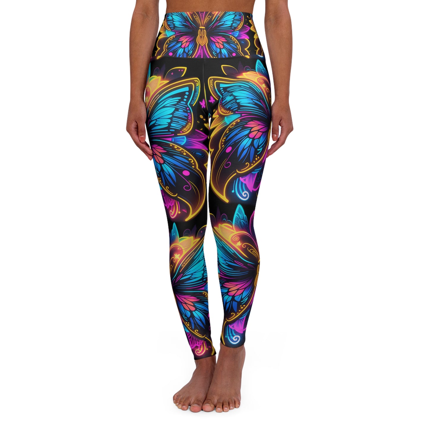 Luminous Flutter: The Neon Electric Butterfly - High Waisted Yoga Leggings